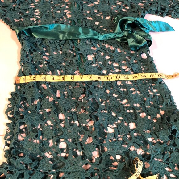 Green Lace Floor Length Dress with high collar and a teal satin sash, Size M - Picture 5 of 11